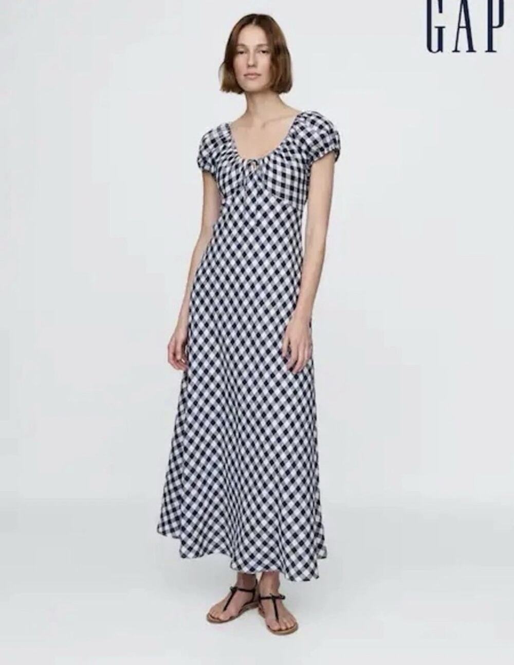Gap x DOEN Gingham Navy White Checkered Maxi Dress Size XS Cottagecore Fall R17